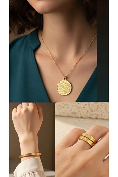 Miyoste Gold Renk Ayetel Kürsi Kolye, Bileklik, Yüzük Set