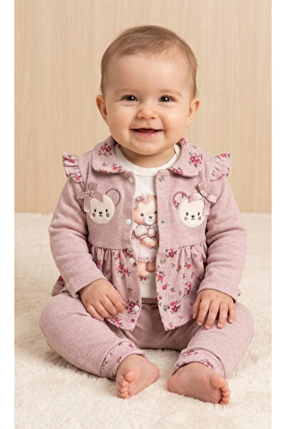 AGUCUK Penye Bebe Yaka Ceket Çıtçıtlı Zıbın Pantolon 3 lü Çiçek Desenli Takım 🌹