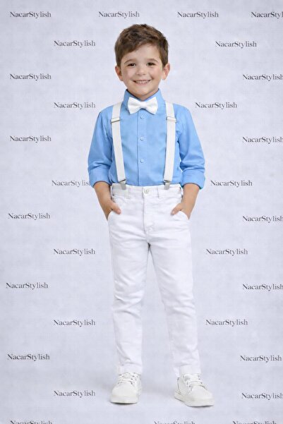 Nacar Erkek Çocuk 23 Nisan 29 Ekim Keten Gömlek&Pantolon&Askı Papyon Set - Gö...