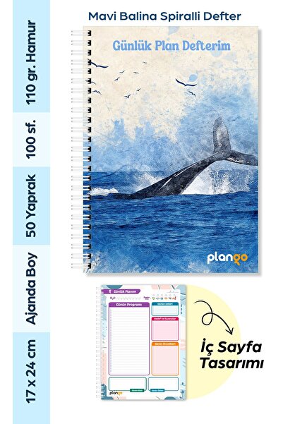 Plango Mavi Balina Spiralli Günlük Planlama Defteri - 100 Sayfa - 17x24 Planl...