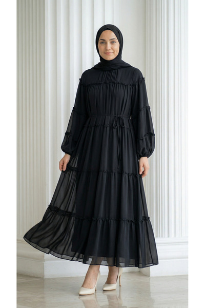 BENAHOLL Nazay Katları Fırfırlı Tül Elbise-PA9747 Siyah
