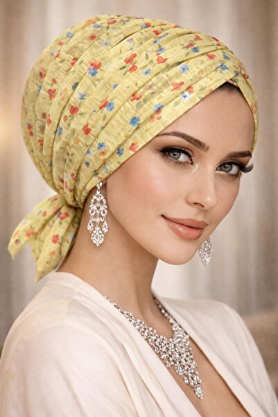 Aişe tesettür Κίτρινο σχέδιο λουλουδιών Με αγκράφα κοκάλια