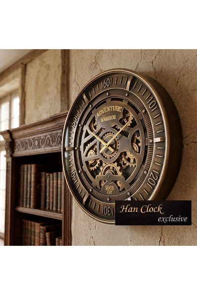 Han Clock Adventure Varrior METAL ÇARKLI DUVAR SAATİ 60cm (Kahve-Altın Eskitme)