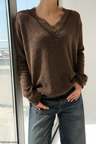 CADDELAMODA Women's Collar Lace Detailed Sheer Premium Sweater