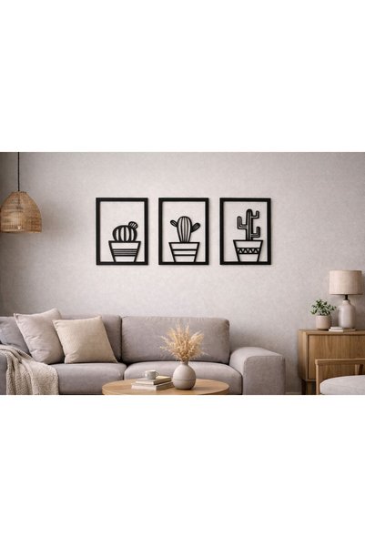 ArliaDesign 3 Parçalı Kare Şeklinde Kaktüsler Ahşap Tablo Seti / Duvar Dekoru / Siyah 3 mm MDF