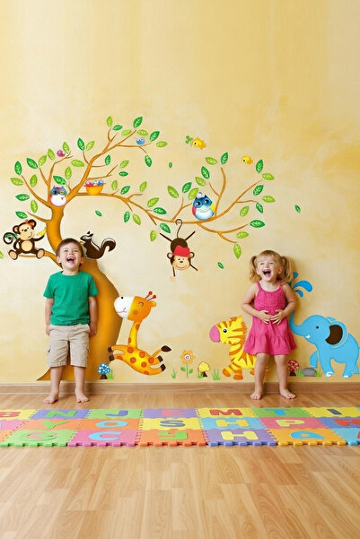 KT Decor ملصق جداري كبير الحجم لتزيين غرفة الأطفال على شكل شجرة وقرد وحيوانات...