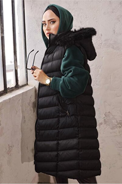 TRENDTESETTÜR KADIN SİYAH CEPLİ KAPÜŞONLU ŞİŞME YELEK 4429