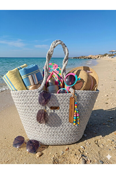 AZR HOME DESİGN Natural Jute Rope Handmade Straw Bag Beach Bag Daily Bag 26X46