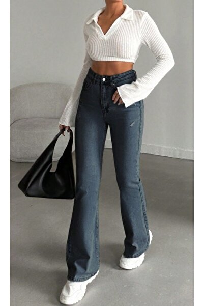 HerTon Yüksek Bel İspanyol Paça Jean Pantolon - Eskitme Detaylı Full Pamuklu ...