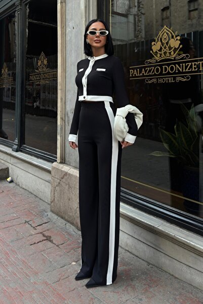 BEJNA Set de damă cu dungi negre cu detaliu de jos și de sus