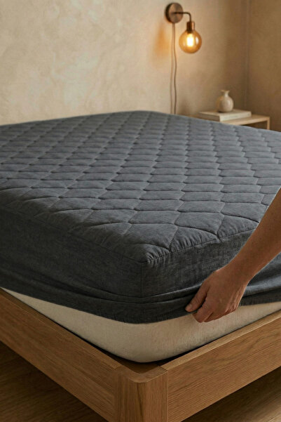 Nart Home Yatak Alezi Pamuklu Kapitone Fitted Full Kenar Yatak Koruyucu Gri