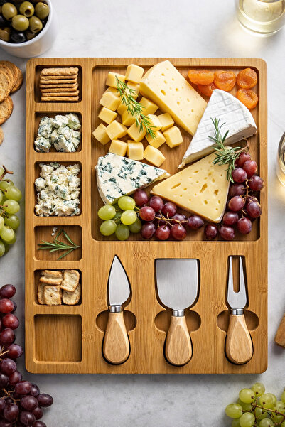 BAROTTİ Ahşap Peynir Servis Tabağı 6+1 Bölmeli – 3’lü Peynir Bıçağı Seti Şark...