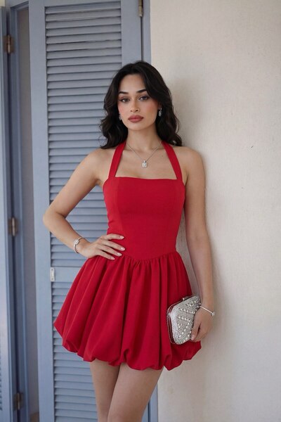 ALFUDO Moda Collection Kadın Abiye Fırfır Etekli Boyundan Askılı Mini Elbise ...