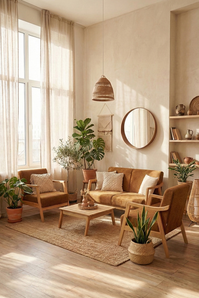 Zem Favela Bohem Çay Seti Natürel Ahşap, Hardal (1 ADET İKİLİ BERJER 2 ADET T...