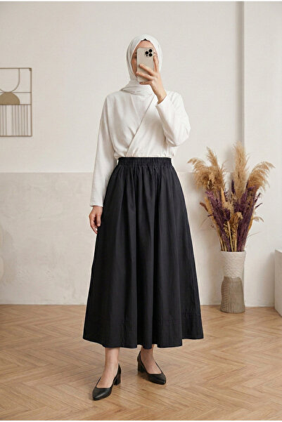 MİHRA STORE İdilnaz Double C Pocketed Six-Stitched P Poplin Skirt-By5020 Black