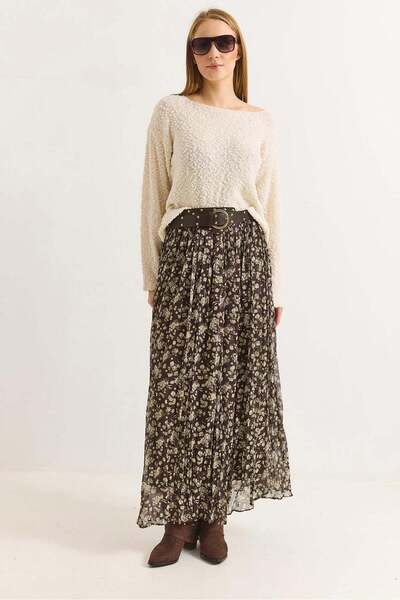 Raneel Kazançlı Alışveriş Women's Brown Pleated Floral Print Belt Li Lined Ch...