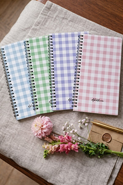 AKILLICA A5 4-Piece Spiral Checked School Notebook Set - Pastel Checkered Patterned 56 Sheets Cardboard Cover