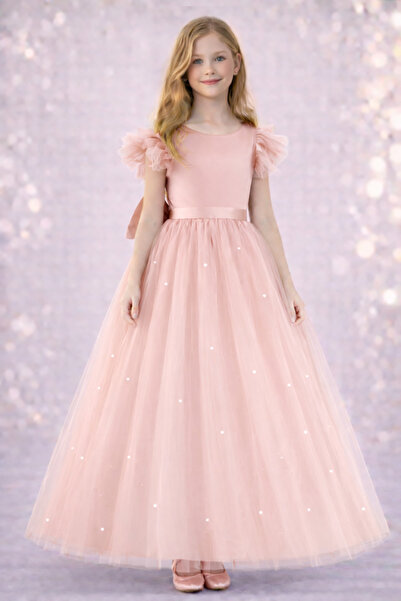 MadyaButik Kız Çocuk Pudra Büzgülü/Fırfırlı Kol Uzun İncili Mezuniyet Elbise