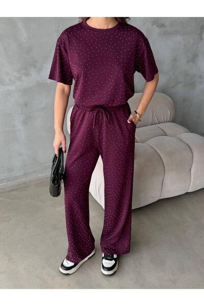 aksesuarista طقم بدلة رياضية نسائية من قماش مودال باللون الأحمر الداكن