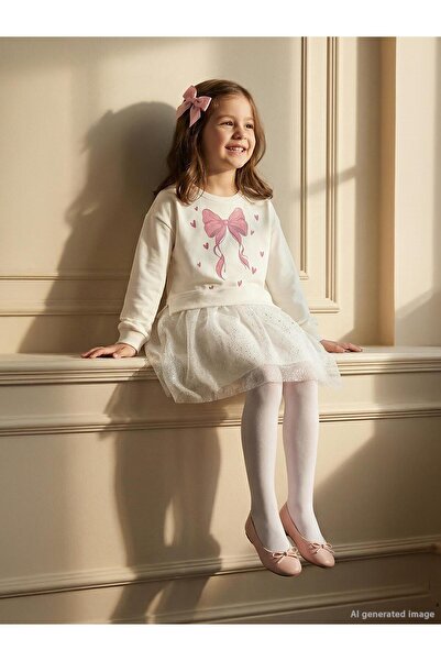 Civil Girls Fiyonk Baskılı 6-9 Yaş Elbise - Ekru 7-8 Yaş