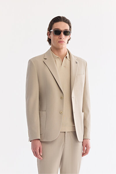 Avva Men's Beige Mono Collar Bag Pocketed Double Slits Unlined Textured Detai...