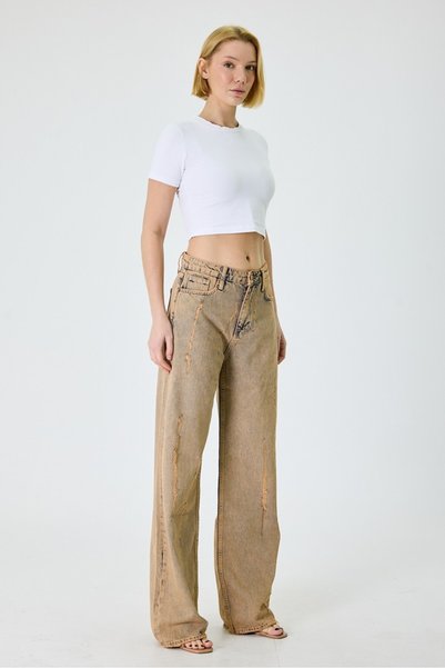 cracpot Kadın Tint Yıkamalı Baggy Kalıp Lazer Detaylı Jean Pantolon %100 cotton İÇ BOY:86cm