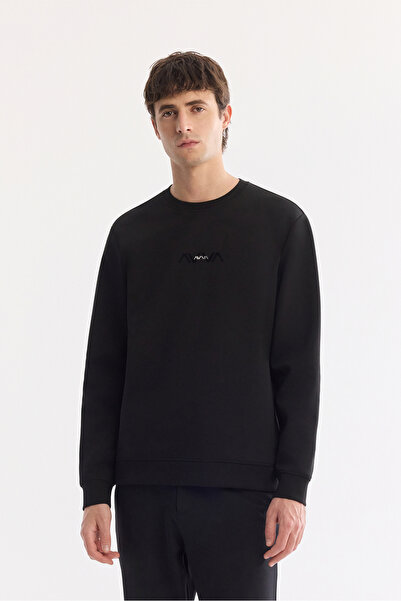 Avva Sweatshirt negru pentru bărbați, cu gât crew, imprimat prin injecție, in...