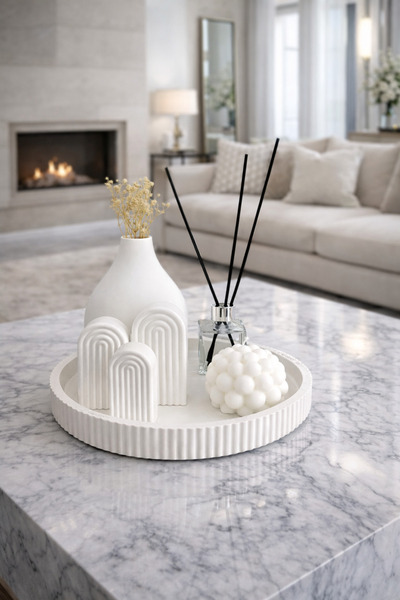 Nox Atelier Dekoratif Tepsi Seti – 7 Parça | Beyaz Modern Obje, Vazo, Mum ve ...