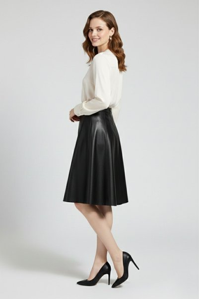 Deriderim Black Women's Loose Fit Genuine Leather Skirt