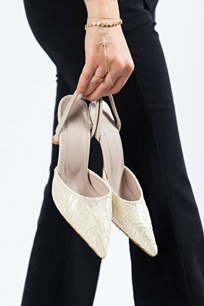 vanorio قماش دانتيل بلون بيج مع ظهر مطاطي مفتوح ورفيع حذاء بكعب