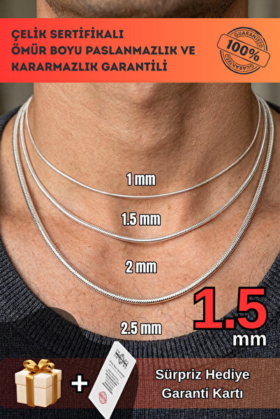 OSMANLI GÜMÜŞ سلسلة قلادة رجالية من الفولاذ الإيطالي على شكل ثعبان، موديل 1.5...