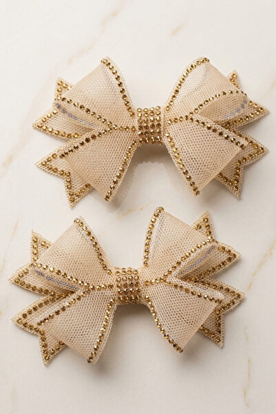 DİGGO Fiyonk Bej Tül Taşlı Çift Çanta Ve Ayakkabı Süs Fiyonk