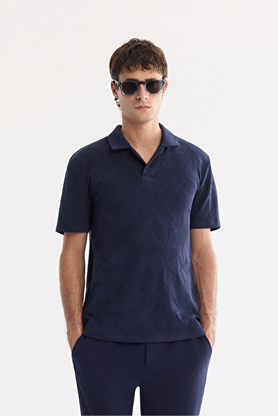 Avva Muška tamnoplava apaj kragna Easy Ü Til enen Elastan regular fit T-shirt...