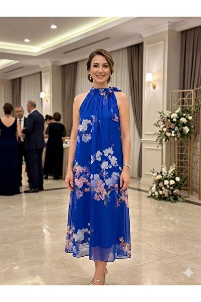 AYASOFYA OTANTIK Women's Italian S Cobalt Blue Neck B Tie-Detail İ Silk Lbise