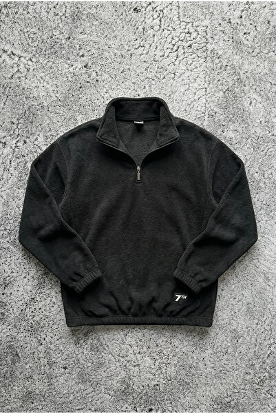 seventh Unisex Oversized Half Zipper Black Fleece Sweatshirt Fleece Piece Fabric