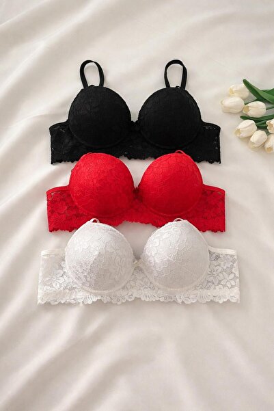 Gold Night Kadın Dantelli Desteklli Balenli Push Up Dolgulu Soft Sütyen ÜÇLÜ ...