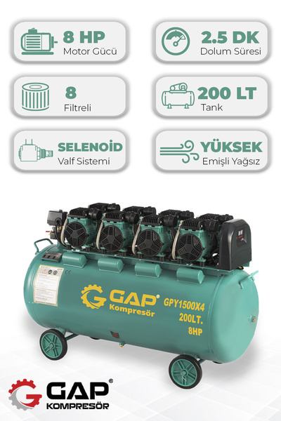GAP KOMPRESÖR Hava Kompresörü Yüksek Emişli Yağsız Teknoloji 200 Lt Gpy1500x4