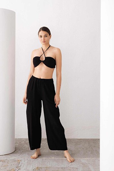 İpekçi Otantik Muslin Front Drawstring Crop Top Black