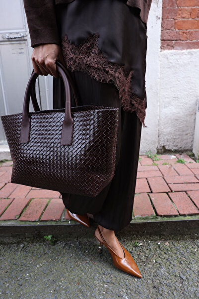 LUTVELIZADE Çanta 2620 - Örgü Dokulu Deri Görünümlü Acı Kahve Örgü Kadın Çanta