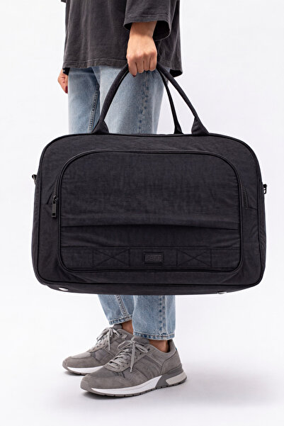 MUCCO Siyah Krinkıl Kumaş 00816 Unisex Cepli Suya Dayanıklı Geniş Omuz Askılı...