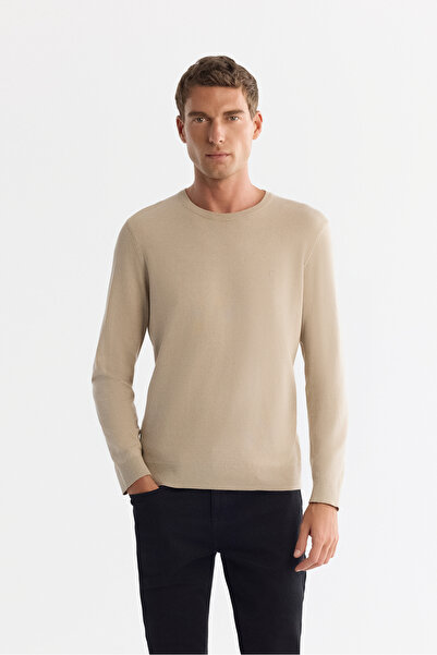 Avva Muški bež Viskoza okrugla kragna pleteni džemper standardnog kroja B005132