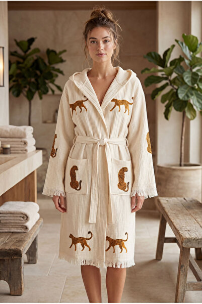 VAROL رداء حمام بقلنسوة مصنوع من القطن العضوي بنسبة 100% - فستان شاطئ - ليوبارد