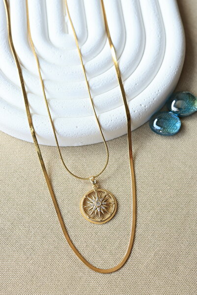 FİRST JEWELRY Kuzey Yıldızı İtalyan Zincir Kombin Takı Çelik Gold Kadın Kolye