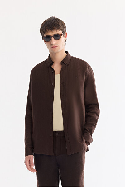 Avva Men's Brown Button down Collar 100% Linen Comfort Fit Shirt B002191