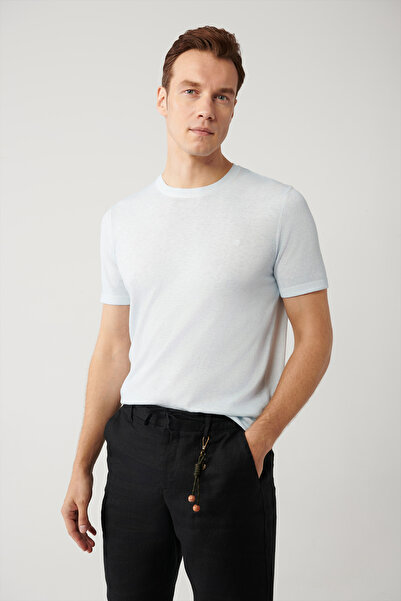 Avva Muška svetloplava pletena majica sa okruglim izrezom, standardnog kroja ...