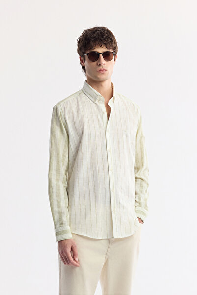 Avva Muška zelena košulja sa dugmadima i kragnom Prugasto Lan mekana udobna k...