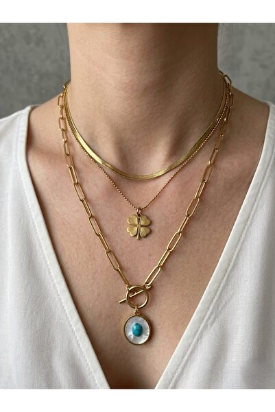 aurora dükkan Çelik Çoklu Sedefli Yoncalı Kolye