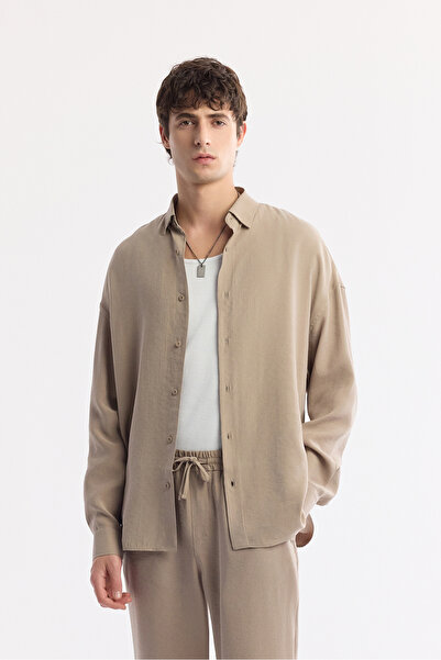 Avva Cămașă pentru bărbați, bej, cu guler britanic, cu atingere moale, cu pot...