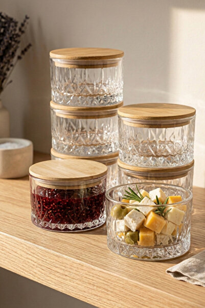 Fhilli Queen - Set of 6, Bamboo Vacuum Lid Glass Breakfast Snack Bowls 260 ml