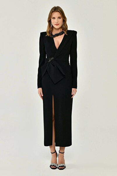 ALFABETA فستان سهرة متوسط ​​الطول من ألفا بيتا بأكمام طويلة وفتحة رقبة على شك...